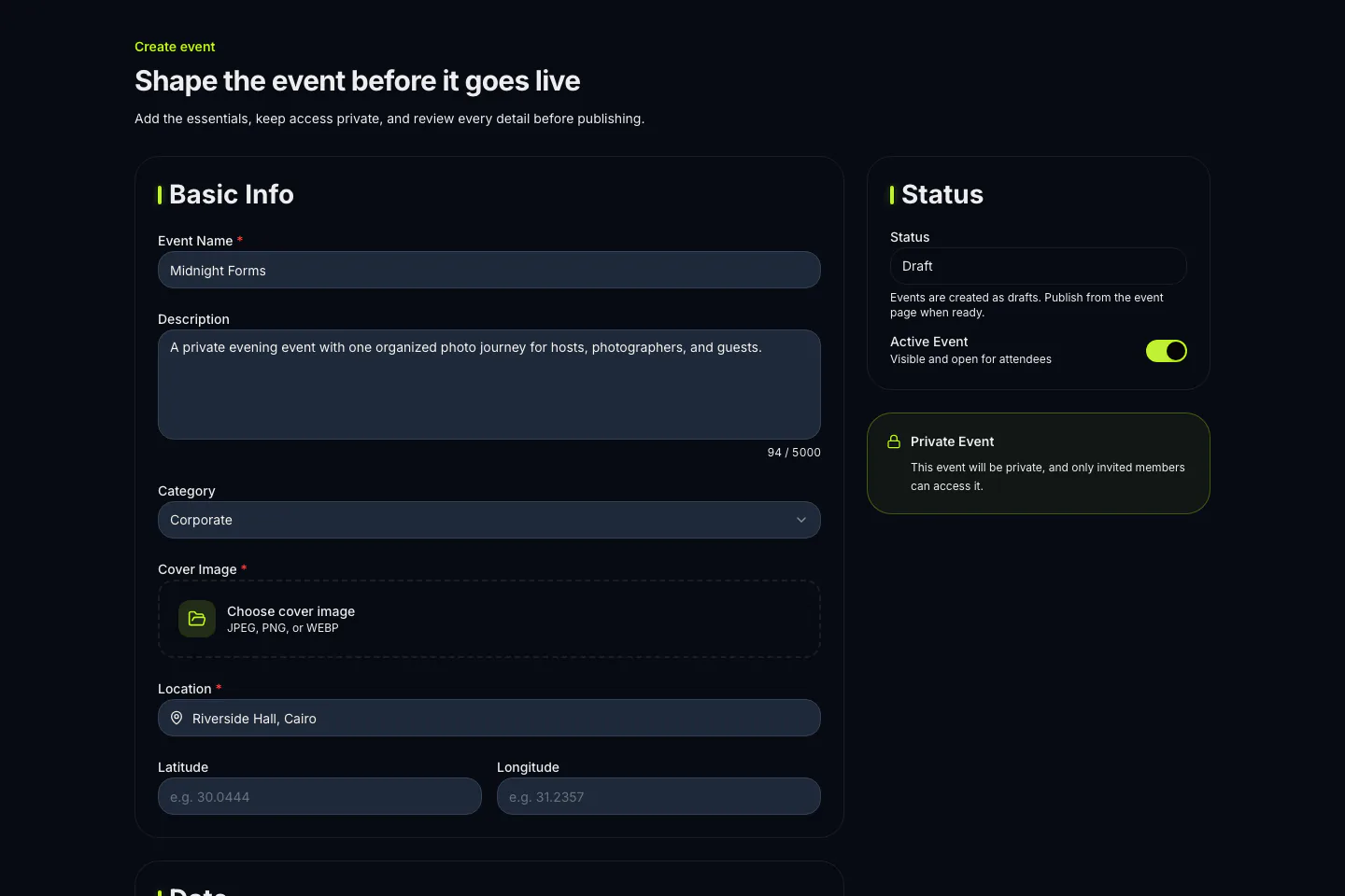 Taggz event setup screen with private access and draft status controls